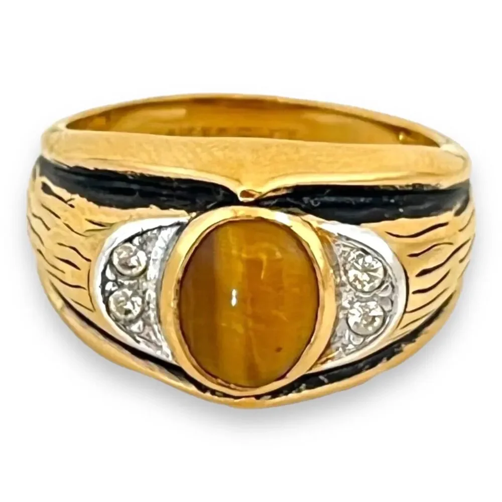 Vintage 1960s Ring Uncas Size 10 Tiger's Eye Gold Plate Mid-Century Gent's - 14N